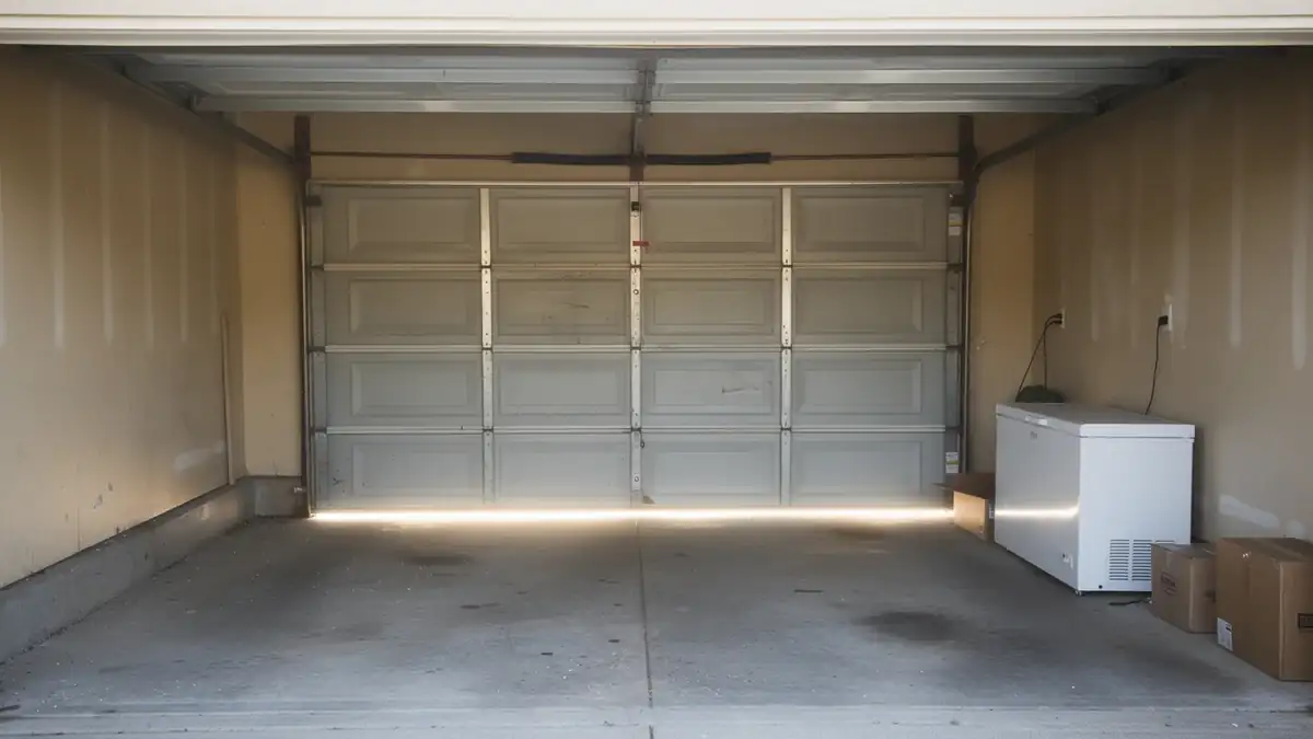 The garage door is closed, with a chest freezer and boxes on the right.