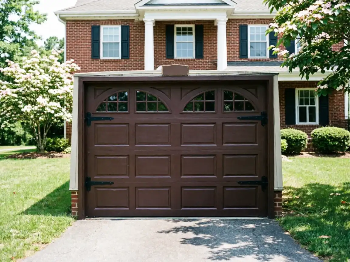 A brown garage door with decorative hardware and arched windows is on a brick house.