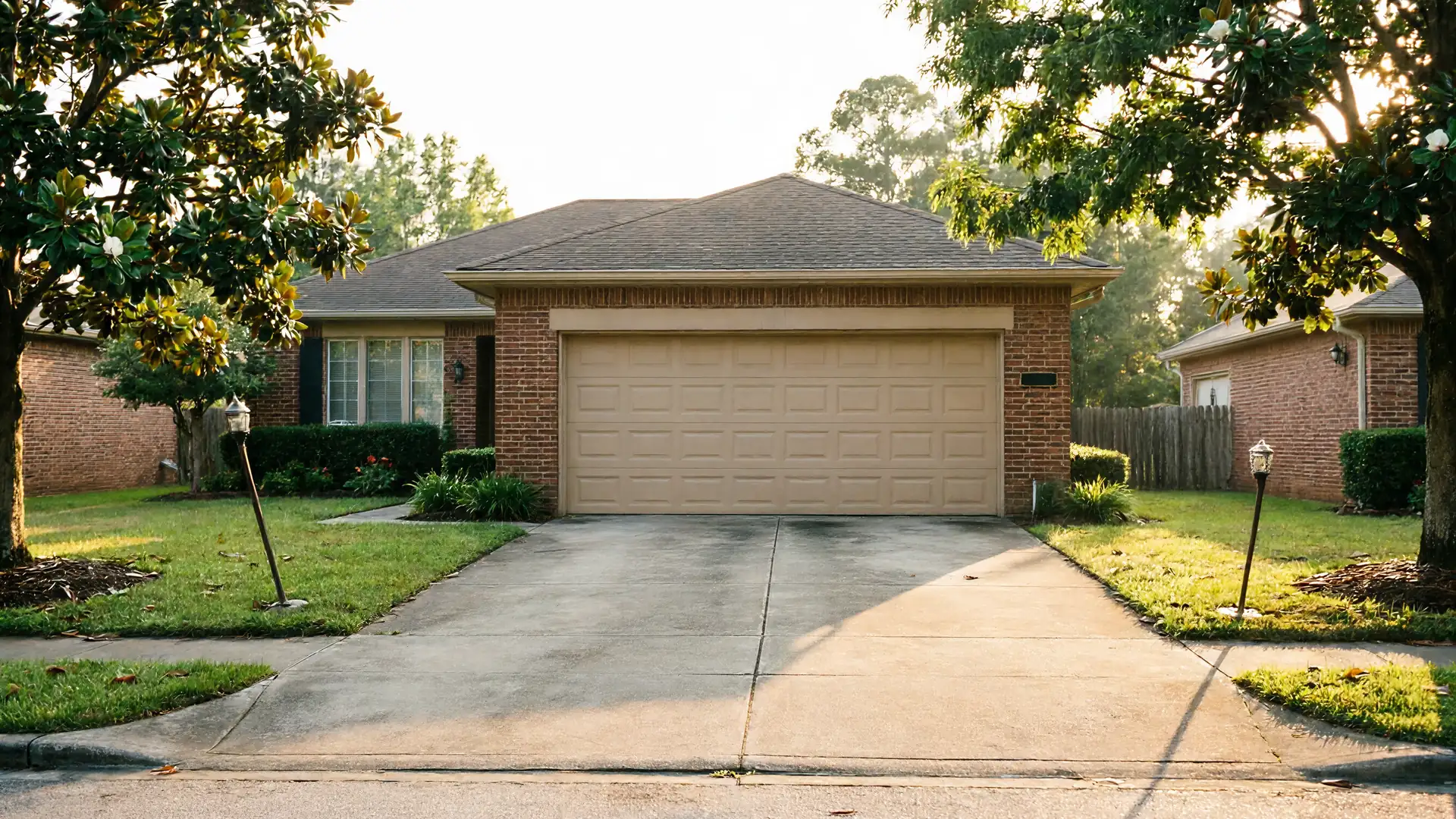 The house has a tan garage door, a brick facade, and a green lawn.
