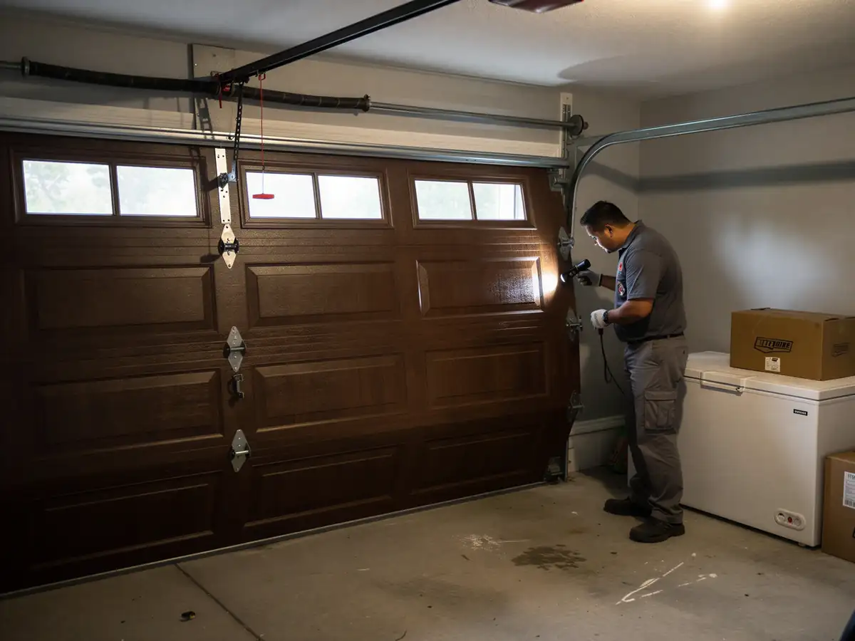 A technician inspects a brown garage door with a flashlight.